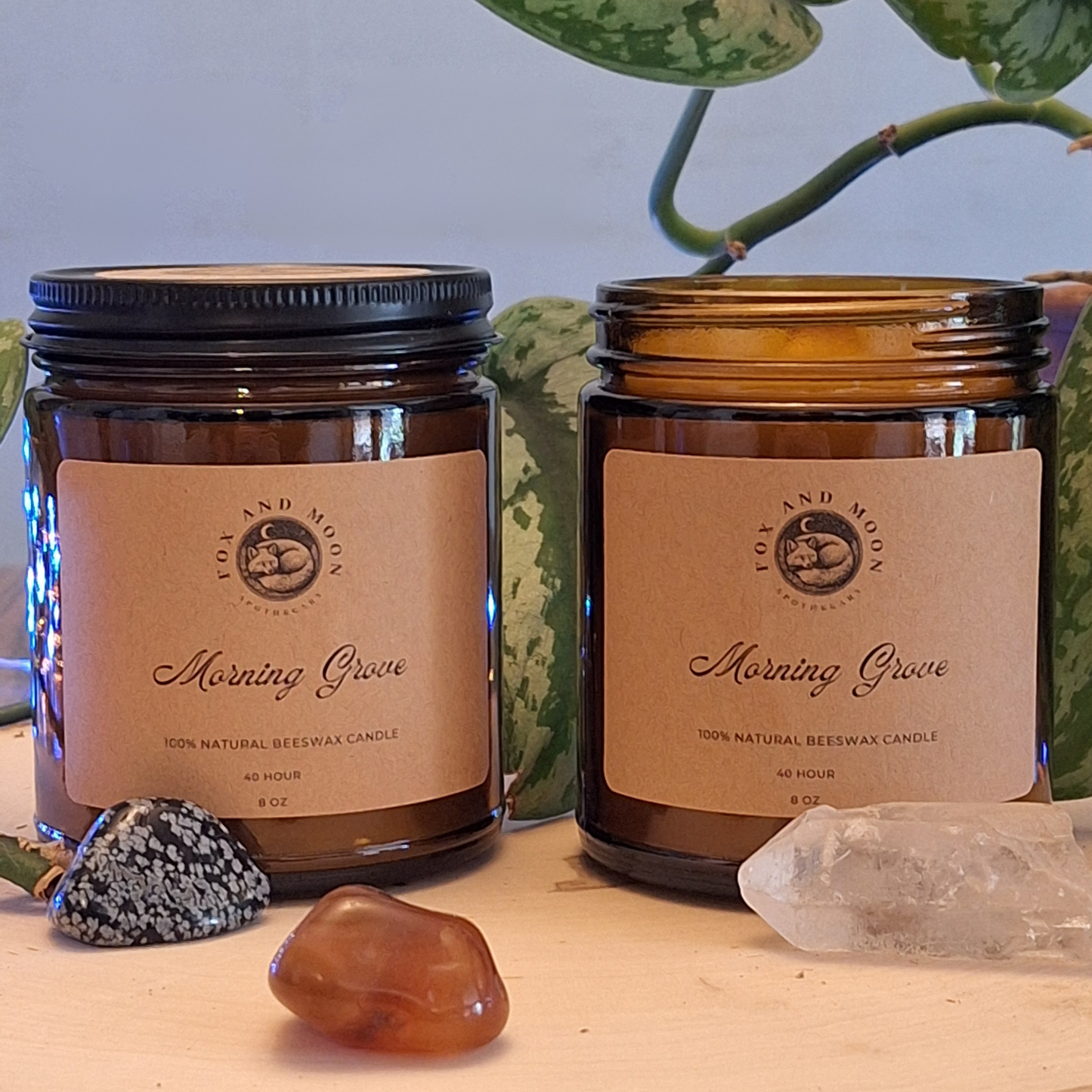 Morning Grove 8 oz beeswax candle in amber glass jar with metal lid, natural wood wick, fresh fern, soft moss, and dewy air fragrance for meditation and nature-inspired ambiance