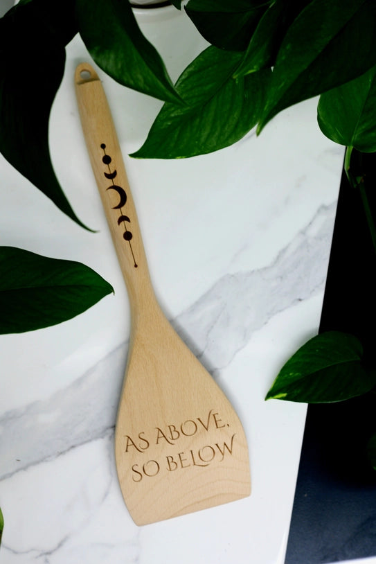 12-inch As Above So Below engraved wooden spatula for kitchen witches and pagan cooking