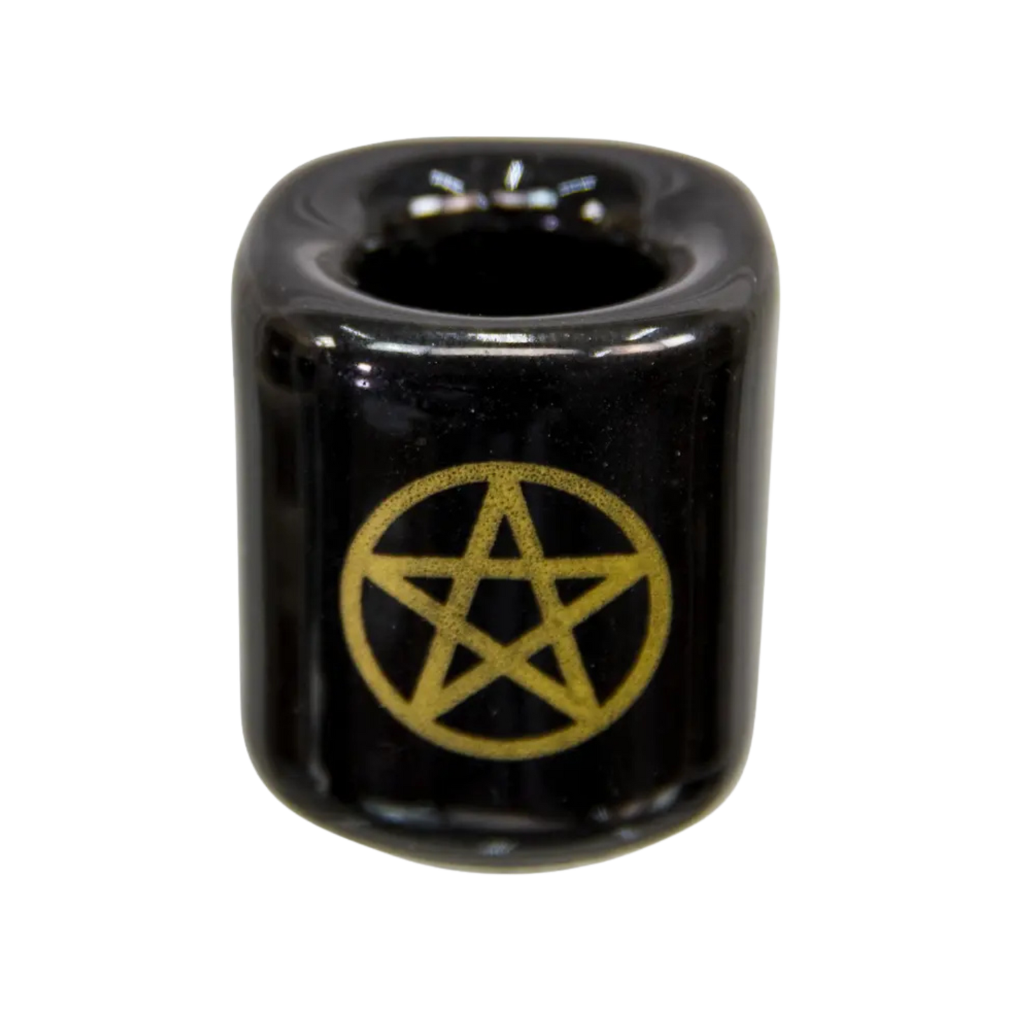 Black ceramic chime candle holder with gold pentacle holding a 4-inch chime candle, elegant and ritual-ready design