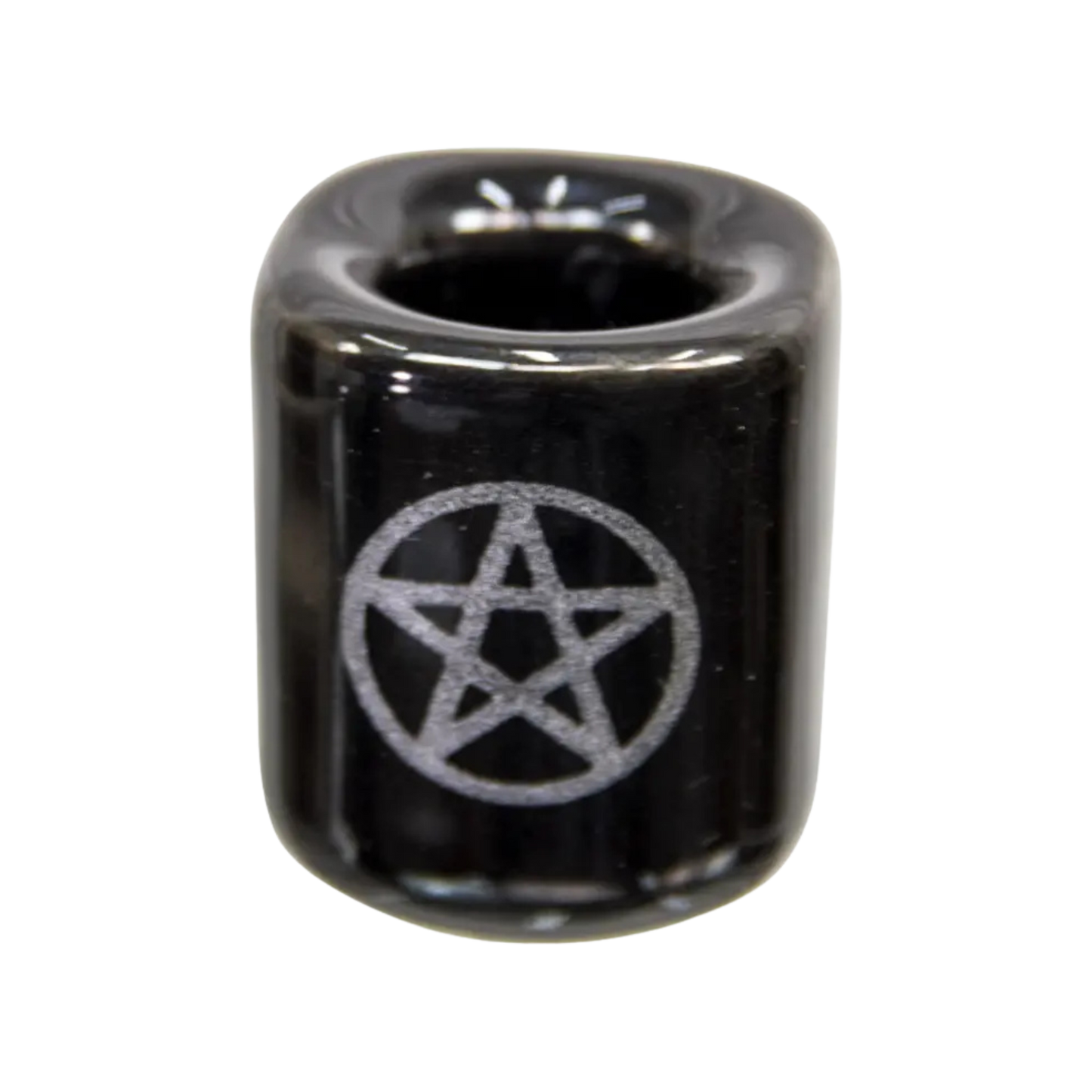 Black ceramic chime candle holder with silver pentacle holding a 4-inch chime candle, elegant and ritual-ready design