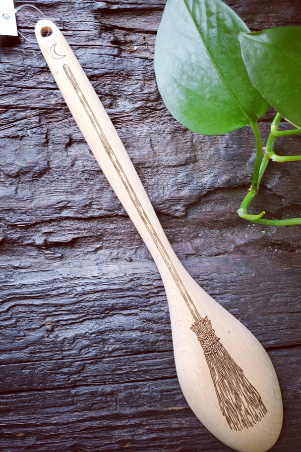 12-inch engraved Kitchen Witch broom wooden spoon for cooking, serving, or magical kitchen use