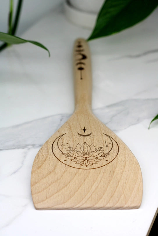 12" Lotus Moon Wooden Spatula – Kitchen Witch & Pagan Cooking Tool