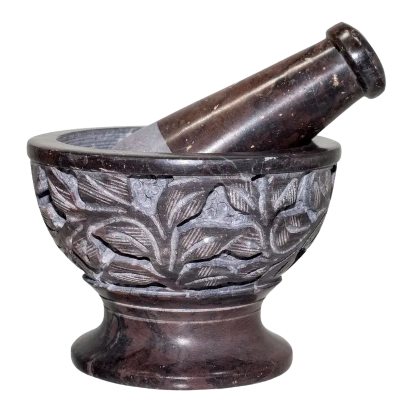 4-inch carved soapstone mortar and pestle with leaf and vine design for herbs and ritual work