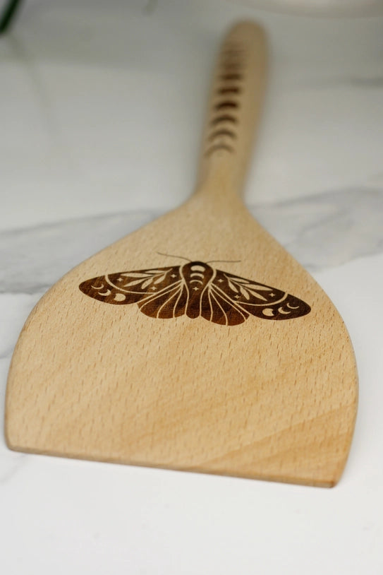 Moon Phase and Moth Engraved Spatula – 12" Beech Wood Kitchen Witch Tool