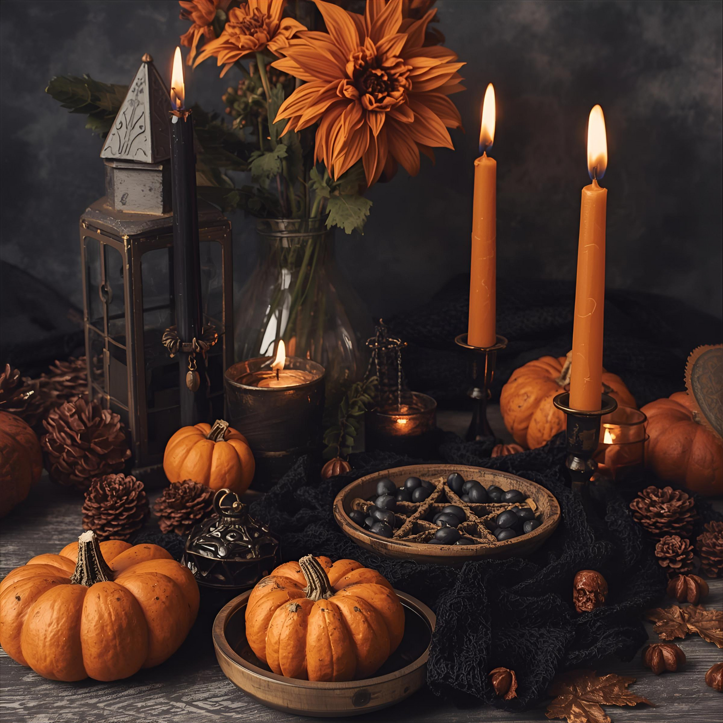 Samhain Altar Bundle – Black & Orange Chime Candles, Sage, Rosemary, Mugwort, Obsidian Crystal, Ritual Supplies