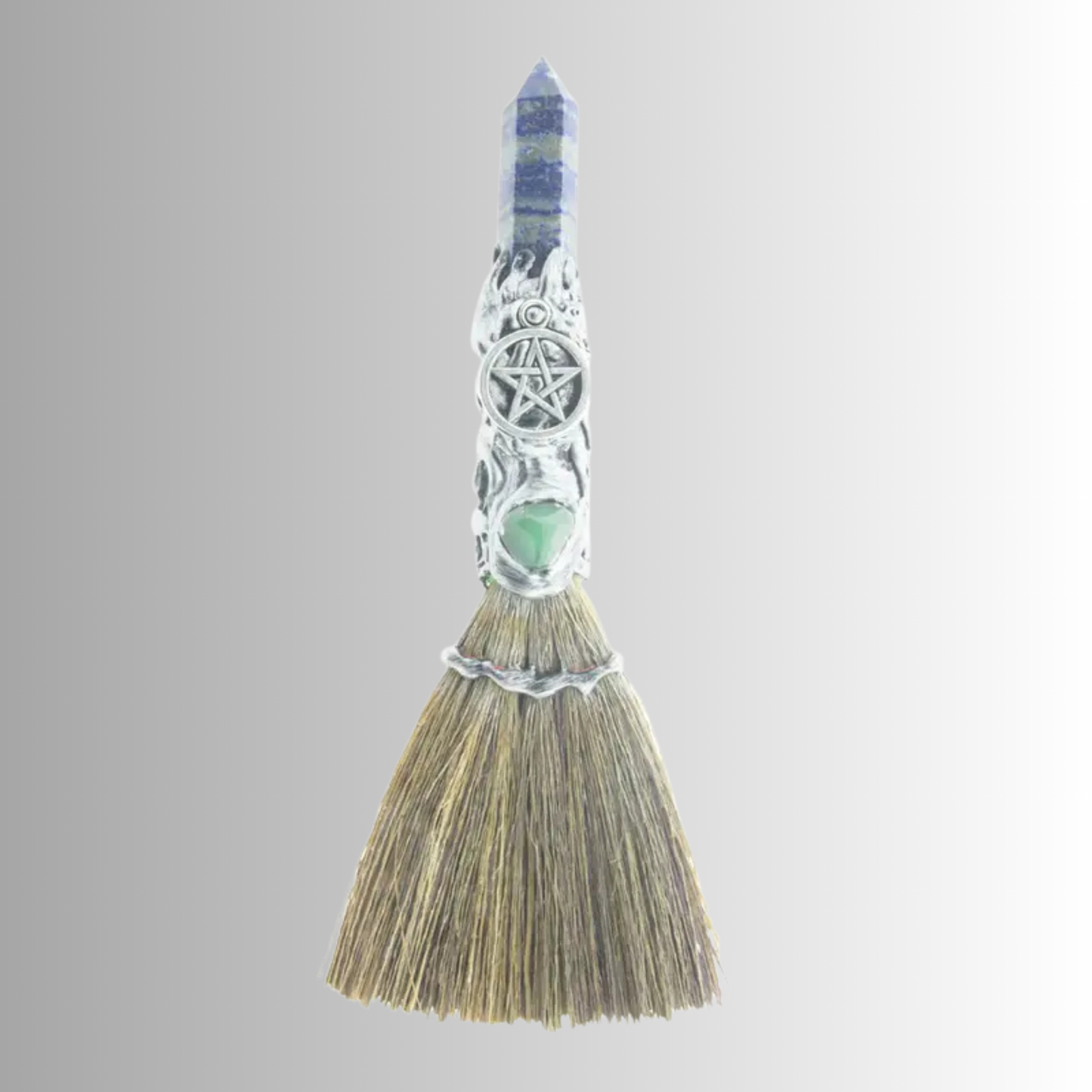 Lapis with Silver Pentacle 8-inch altar broom with lapis lazuli point, silver-tone handle, and green accent stone for ritual cleansing and protection