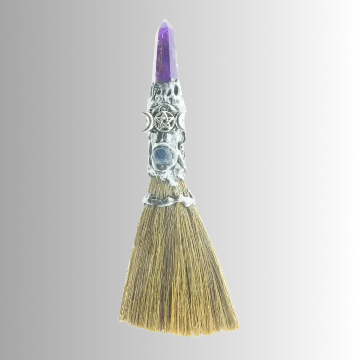 Amethyst with Silver Triple Moon 8-inch altar broom with amethyst point and silver-tone handle featuring Triple Moon and pentacle for ritual cleansing and protection