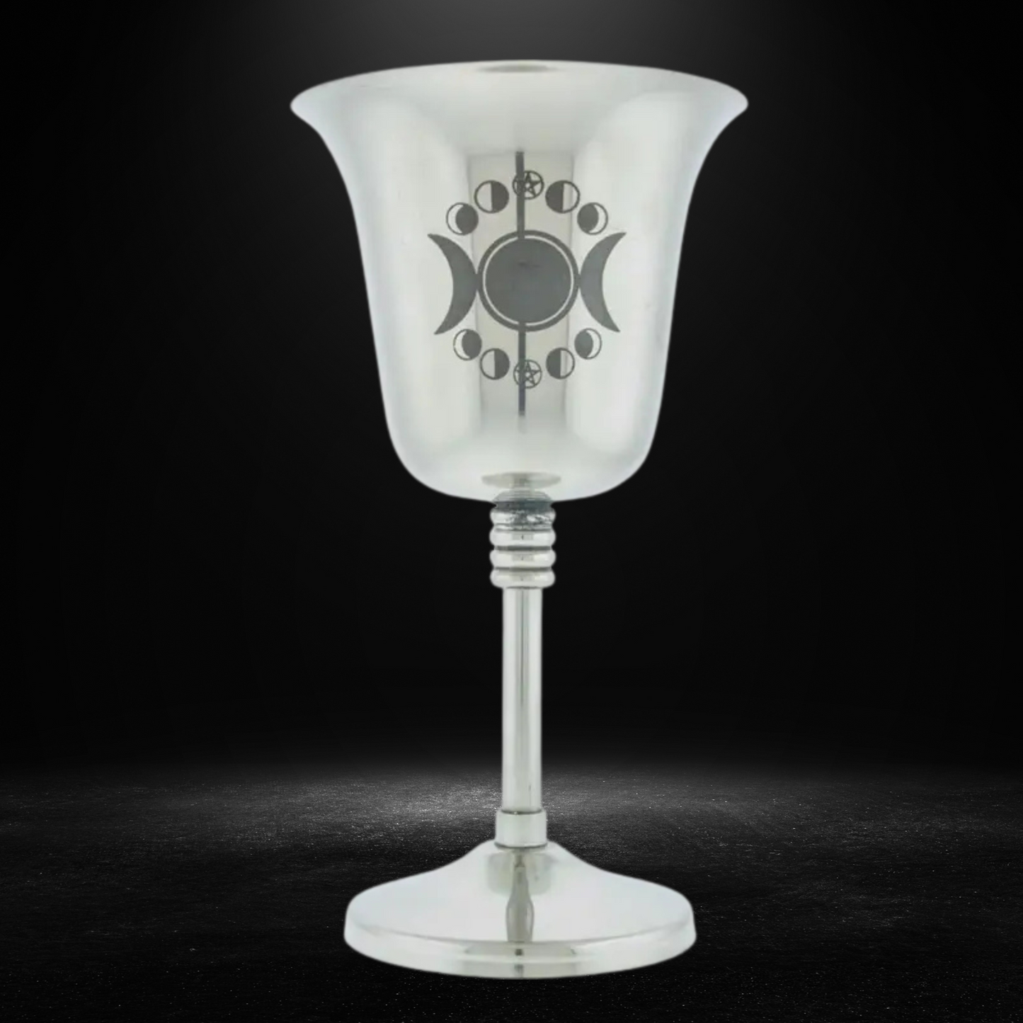 6-inch stainless steel chalice with etched triple moon for ritual or altar use