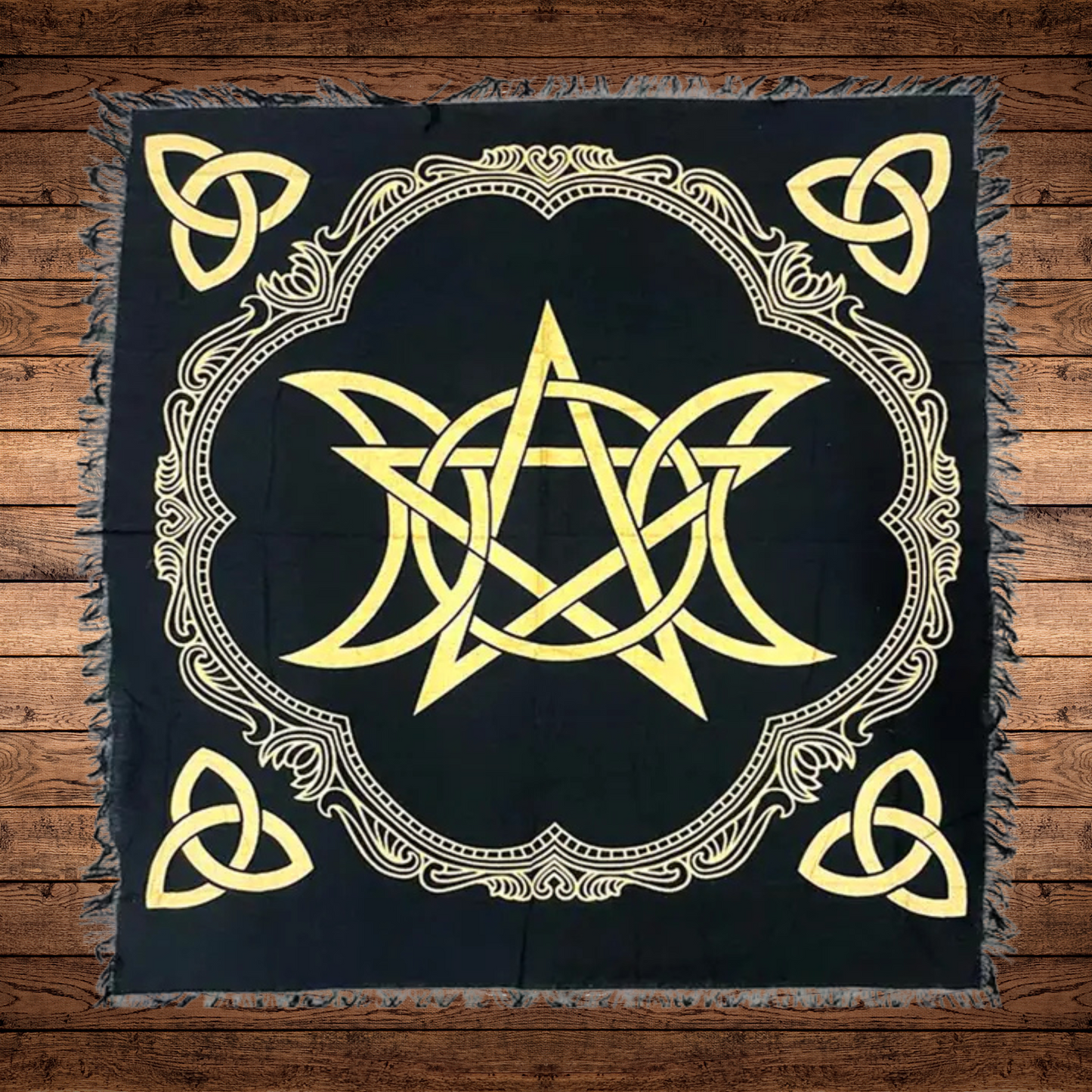Triple Moon Pentagram altar cloth in cotton square, 18x18 or 24x24 inches, used for rituals, meditation, and tarot