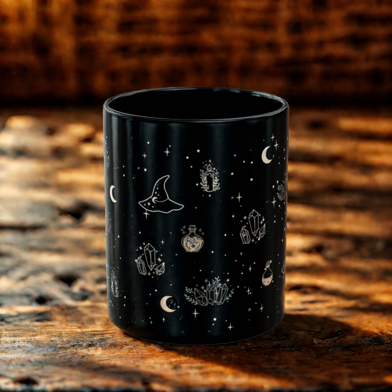 Black Celestial Witch coffee/tea mug with moons, crystals, and witchy illustrations, 11oz or 15oz