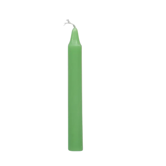 Apple Green chime candle, ~4 inches tall, used for renewal, vitality, growth, and fresh energy in rituals and magickal practice