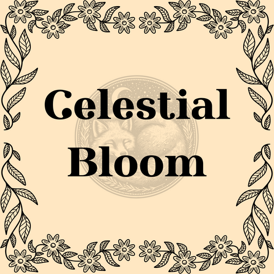 Celestial Bloom herbal tea blend in 1oz package with raspberry leaf, chaste berry, nettle, linden, lemon, rose petals, and stevia