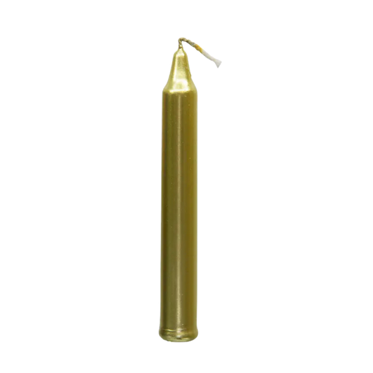 Gold chime candle, ~4 inches tall, used for success, wealth, manifestation, and divine energy in rituals