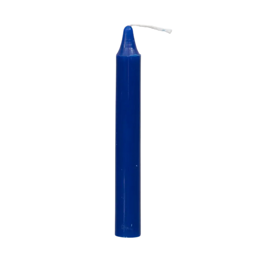 Indigo chime candle, ~4 inches tall, used for wisdom, meditation, intuition, and inner work in rituals