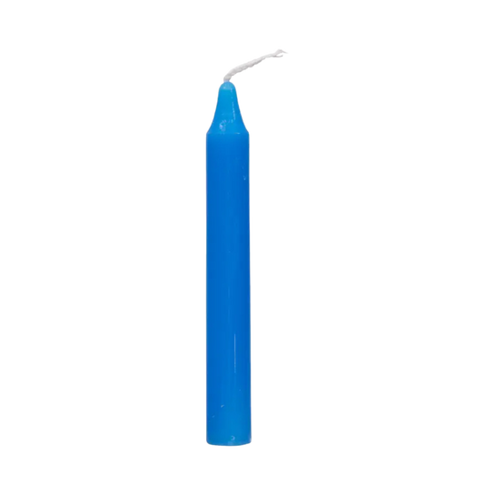 Light Blue chime candle, ~4 inches tall, used for peace, communication, emotional healing, and clarity in rituals