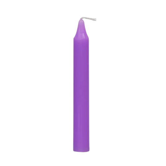 Lilac chime candle, ~4 inches tall, used for peace, calm, emotional healing, and spiritual growth in rituals