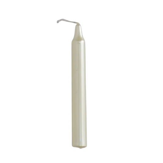 Metallic White chime candle, ~4 inches tall, used for purity, protection, cleansing, and divine light in rituals