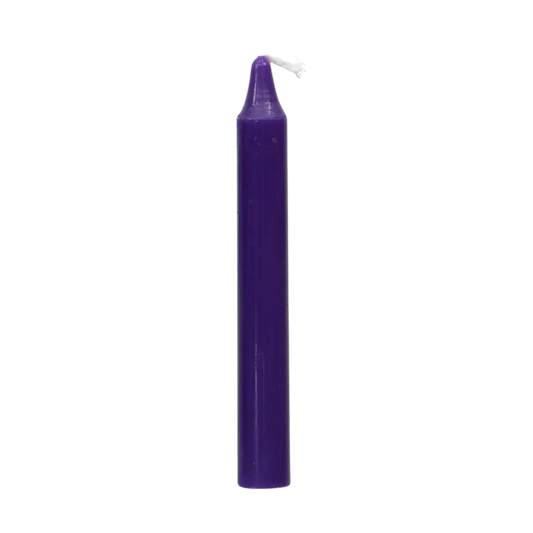 Purple chime candle, ~4 inches tall, used for spiritual power, psychic insight, meditation, and transformation in rituals