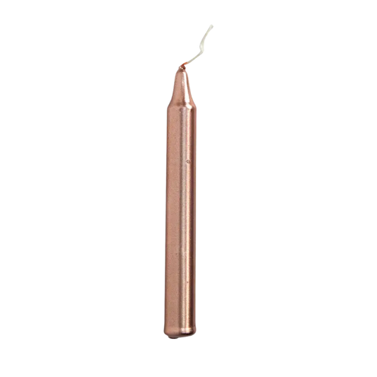 Rose Gold chime candle, ~4 inches tall, used for love, beauty, compassion, and spiritual harmony in rituals