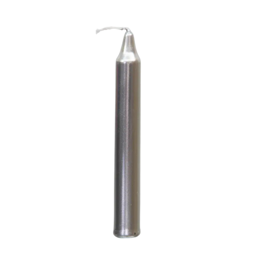 Silver chime candle, ~4 inches tall, used for intuition, lunar magick, psychic protection, and feminine energy in rituals