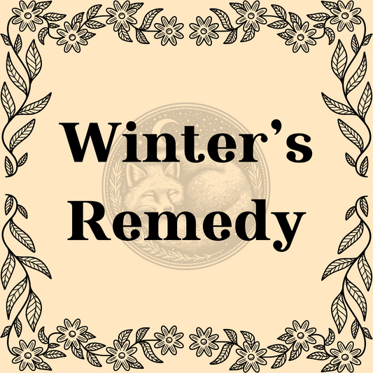 Winter’s Remedy herbal tea blend in 1oz package with peppermint, yarrow, elderflower, rose hips, ginger, anise, calendula, and thyme