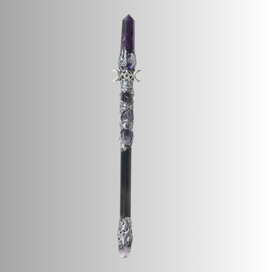 10-inch silver wand with amethyst crystal and triple moon symbol for ritual or spiritual use