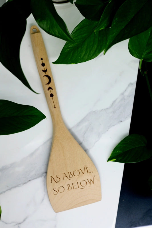 12-inch As Above So Below engraved wooden spatula for kitchen witches and pagan cooking