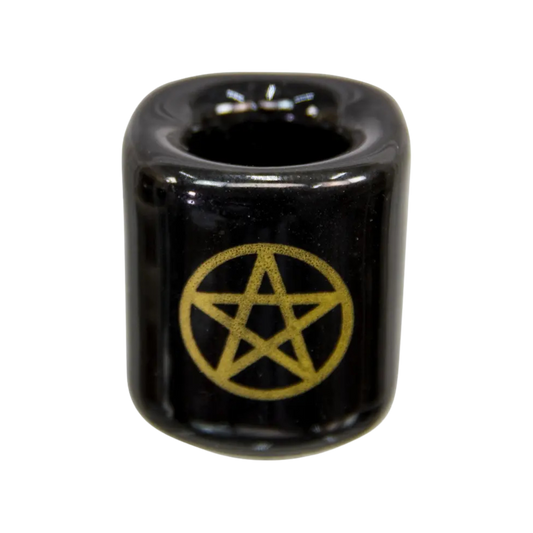 Black ceramic chime candle holder with gold pentacle holding a 4-inch chime candle, elegant and ritual-ready design