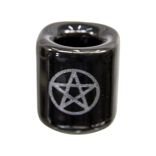 Black ceramic chime candle holder with silver pentacle holding a 4-inch chime candle, elegant and ritual-ready design