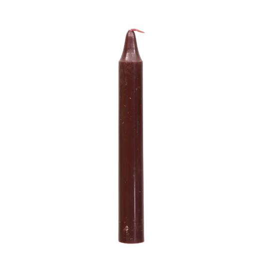 Brown chime candle, ~4 inches tall, used for grounding, stability, earth magick, and home protection in rituals