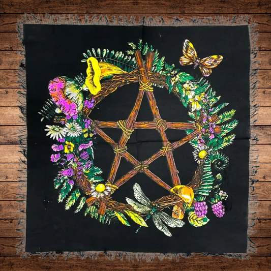 Floral Pentagram altar cloth in cotton square, 18x18 or 24x24 inches, used for rituals, meditation, and tarot