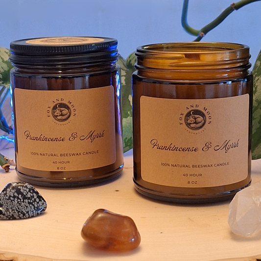 Frankincense & Myrrh 8 oz beeswax candle in amber glass jar with metal lid, natural wood wick, grounding frankincense and myrrh fragrance for meditation and rituals