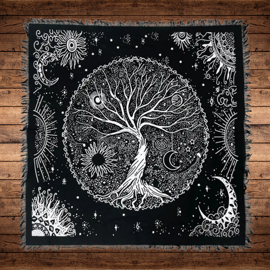 Golden Tree altar cloth in cotton square, 18x18 or 24x24 inches, used for rituals, meditation, and tarot