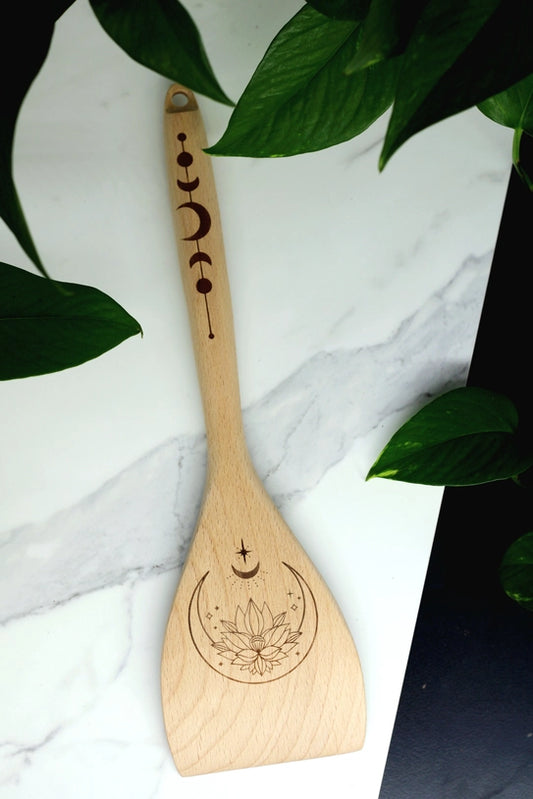 12-inch Lotus Moon wooden spatula made of sustainably sourced beech wood for kitchen witch or pagan cooking