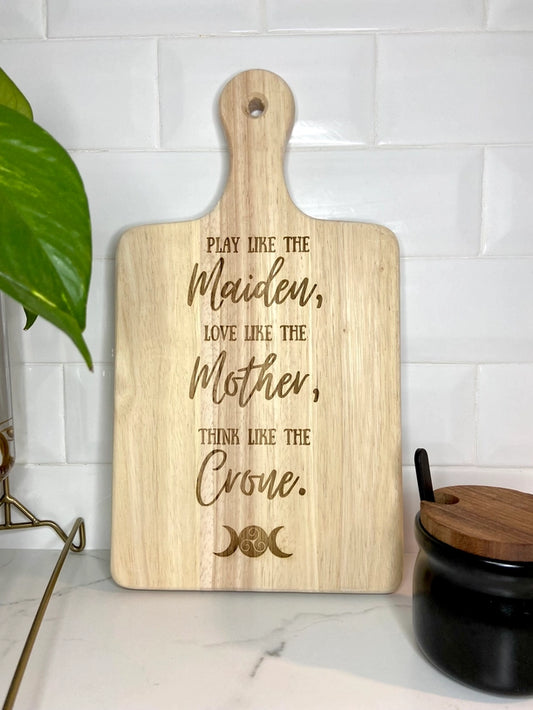 13-inch engraved Maiden, Mother, Crone cutting board for charcuterie, kitchen prep, or magical use