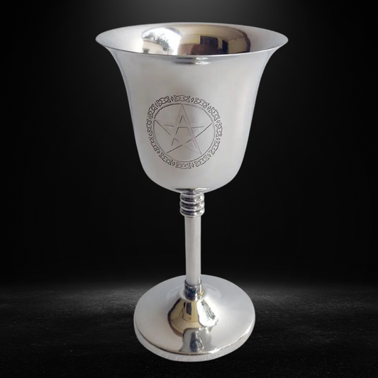 6-inch stainless steel chalice with etched pentacle for ritual or altar use