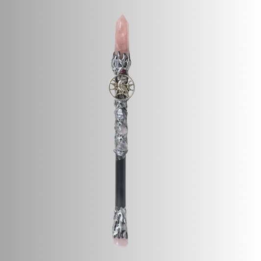 10-inch wand with rose quartz crystal and silver raven for ritual or spiritual use