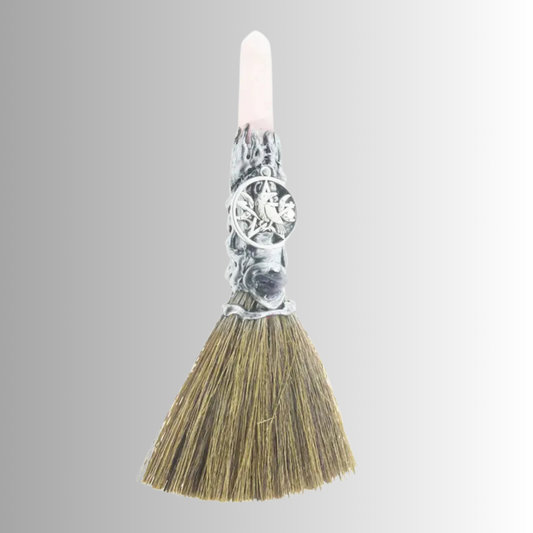 Rose Quartz with Silver Raven 8-inch altar broom with pentacle, rose quartz point, silver-tone handle, and purple accent stone for ritual cleansing and protection