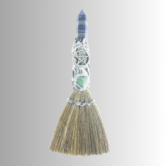 Lapis with Silver Pentacle 8-inch altar broom with lapis lazuli point, silver-tone handle, and green accent stone for ritual cleansing and protection