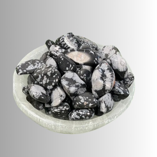 Tumbled Snowflake Obsidian crystal in black with white snowflake patterns, used for protection, grounding, balance, and emotional healing
