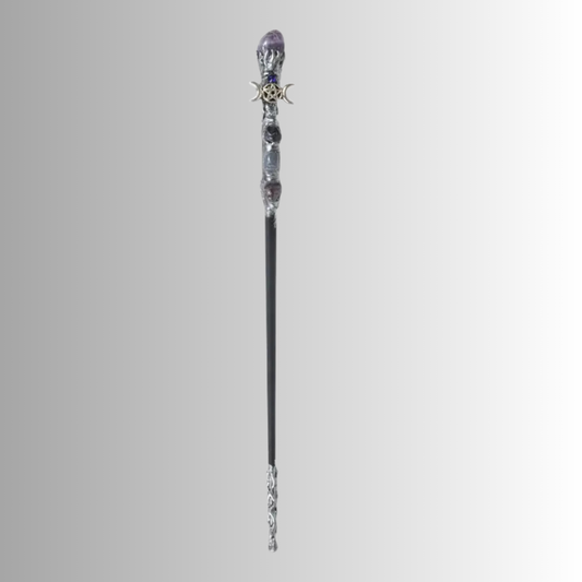 12.5-inch silver wand with amethyst crystal and triple moon symbol for ritual or spiritual use