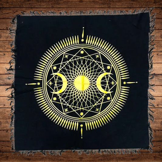Three Moon altar cloth in cotton square, 18x18 or 24x24 inches, used for rituals, meditation, and tarot
