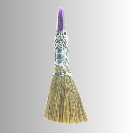 Amethyst with Silver Triple Moon 8-inch altar broom with amethyst point and silver-tone handle featuring Triple Moon and pentacle for ritual cleansing and protection