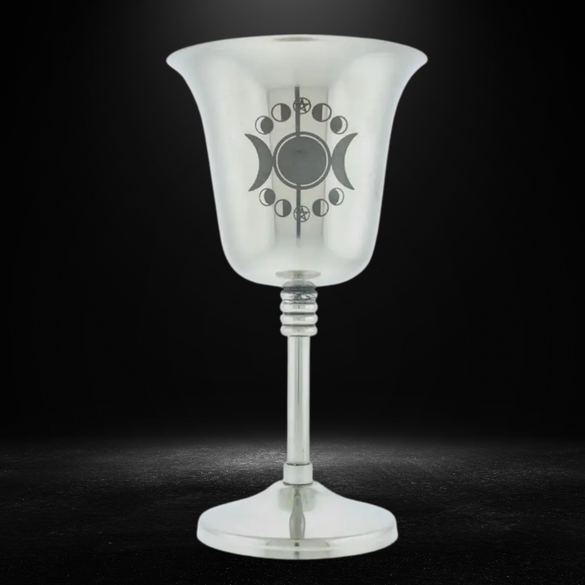 6-inch stainless steel chalice with etched triple moon for ritual or altar use