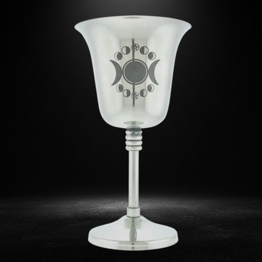 6-inch stainless steel chalice with etched triple moon for ritual or altar use