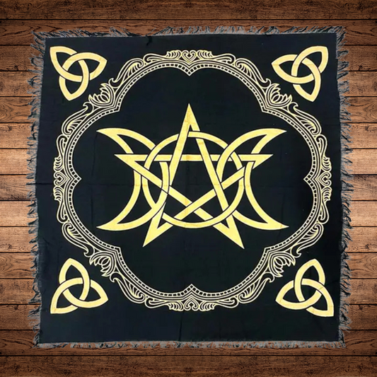 Triple Moon Pentagram altar cloth in cotton square, 18x18 or 24x24 inches, used for rituals, meditation, and tarot