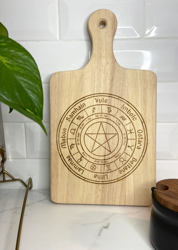 13-inch engraved Wheel of the Year cutting board for charcuterie, kitchen prep, or magical use