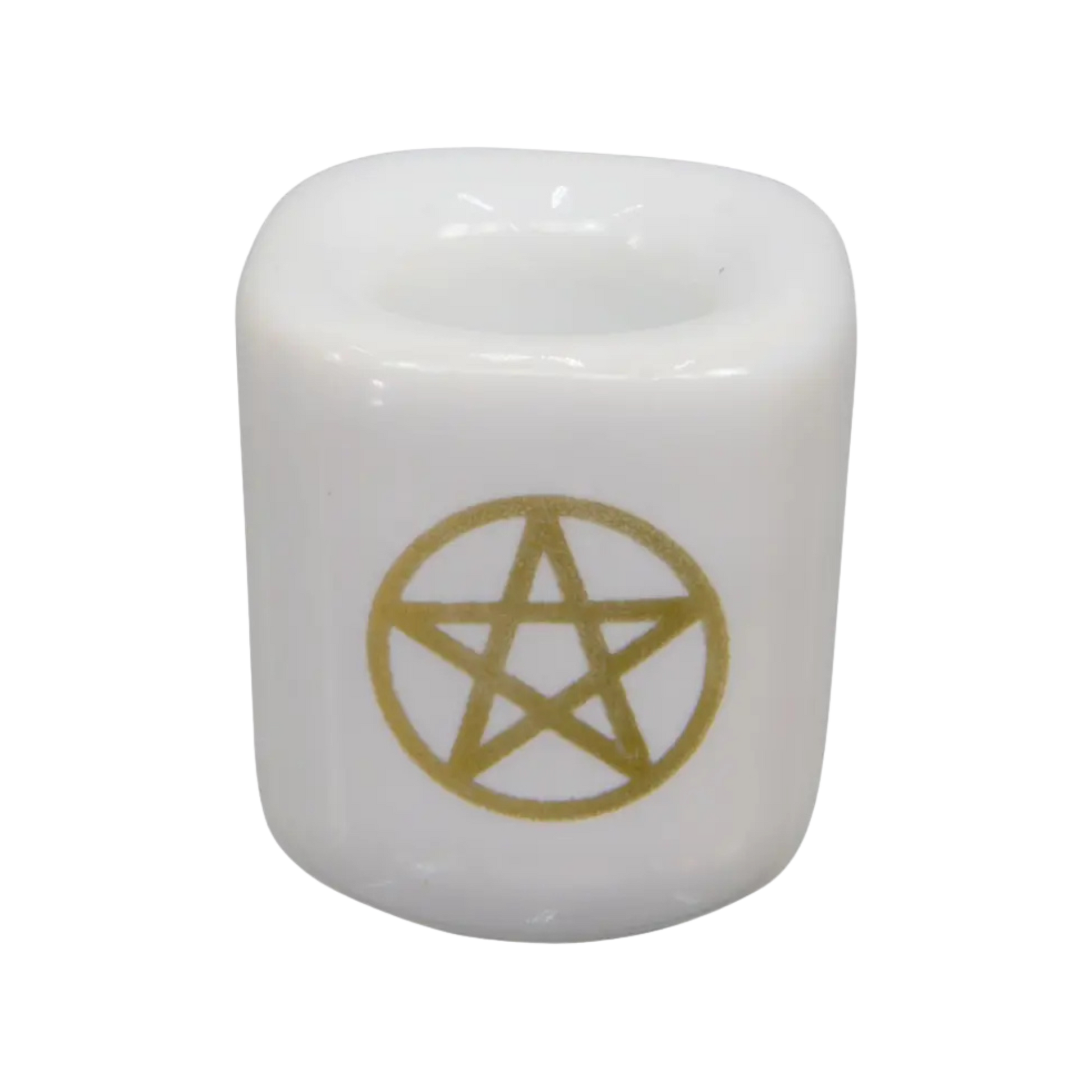 White ceramic chime candle holder with gold pentacle holding a 4-inch chime candle, elegant and functional design for ritual or decorative use
