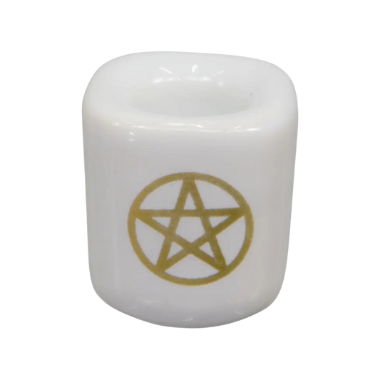 White ceramic chime candle holder with gold pentacle holding a 4-inch chime candle, elegant and functional design for ritual or decorative use