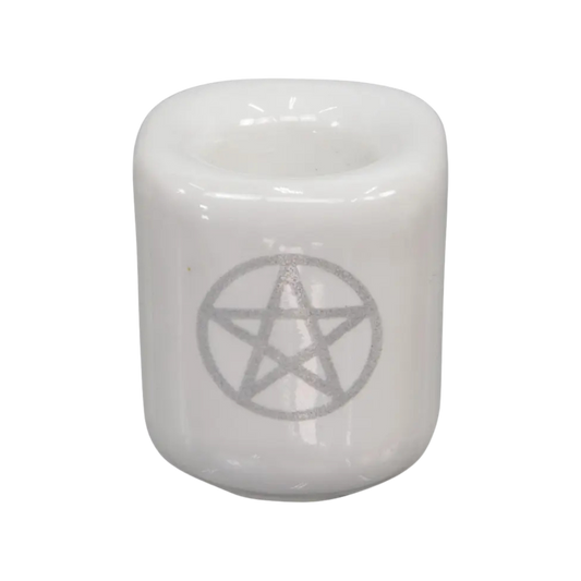 White ceramic chime candle holder with silver pentacle holding a 4-inch chime candle, elegant and functional design for ritual or decorative use
